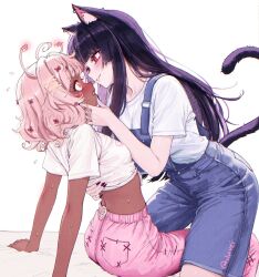 2girls ahoge animal_ear_fluff animal_ear_piercing animal_ears antennae arm_support black_hair black_nails blue_overalls blush bow breasts cat_ears cat_girl cat_tail commentary crop_top dark-skinned_female dark_skin english_commentary eye_contact face-to-face fingernails flying_sweatdrops grin hair_bow hair_ornament hand_on_another&#039;s_chin heart heart-shaped_pupils highres long_fingernails looking_at_another medium_breasts medium_hair multiple_girls nail_polish original overalls pants pink_eyes pink_hair pink_pants red_bow shirt short_sleeves simple_background sitting smile sweat symbol-shaped_pupils t-shirt tail tail_raised tifa_(iluvei) twitter_username white_background white_shirt x_hair_ornament yuri