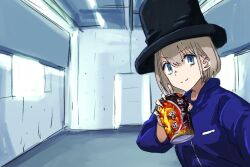 1girl blue_hoodie cosplay cup_ramen hat hood hoodie humanplushq idolmaster idolmaster_shiny_colors indoors jamiroquai jay_kay jay_kay_(cosplay) parody selfie serizawa_asahi top_hat
