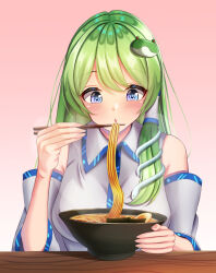 1girl :o bare_shoulders blue_eyes blush bowl breasts chopsticks collared_shirt detached_sleeves dot_nose eating food frog_hair_ornament gradient_background green_hair hair_ornament hair_tubes highres kochiya_sanae large_breasts long_hair long_sleeves meguri39 noodles open_mouth patterned_clothing ramen shirt single_hair_tube single_sidelock sleeveless sleeveless_shirt snake_hair_ornament solo steam touhou upper_body wide_sleeves