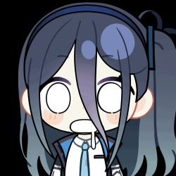 Rule 34 | 1girl, animated, animated gif, aqua necktie, aris (blue archive), black jacket, blue archive, blue hair, blue hairband, blue jacket, blush stickers, chibi, chunye haruya, collared shirt, dot nose, drooling, hair between eyes, hairband, jacket, long bangs, long hair, long hair between eyes, looking at viewer, lowres, mouth drool, multicolored jacket, necktie, one side up, open clothes, open jacket, open mouth, school uniform, second-party source, shirt, simple background, solid circle eyes, solo, transparent background, upper body, white jacket, white mouth, white shirt