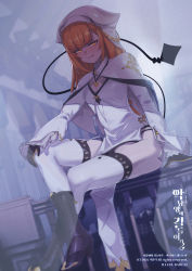 1girl black_gloves boots brown_hair fang fang_out flat_chest gloves highres jin_rou long_hair nun original sitting smile solo thighhighs white_thighhighs yellow_eyes