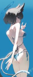 1girl absurdres animal_ears arm_behind_back ass bakeneko bikini black_hair black_tail blue_archive blue_background blue_bikini blue_tail cat_ears cat_girl cat_tail dan_nako from_behind highres kikyou_(swimsuit)_(blue_archive) layered_bikini looking_at_viewer multi-strapped_bikini_bottom multiple_tails official_alternate_costume short_hair side-tie_bikini_bottom solo string_bikini swimsuit tail two_tails