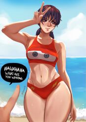 1girl 1other absurdres beach bikini black_eyes black_hair blue_sky breasts cars_(movie) chainsaw_man character_print commentary english_commentary english_text hand_up highres l1amanade lightning_mcqueen medium_breasts mitaka_asa navel ocean red_bikini sand sky speech_bubble swimsuit v water