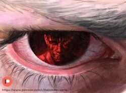 2boys artist_name berserk close-up commentary english_commentary eyelashes griffith_(berserk) grin guts_(berserk) high_detail italomateusart multiple_boys one-eyed one_eye_closed patreon_logo patreon_username pointy_ears red_eyes reflection scar scar_on_face scar_on_nose smile veins watermark web_address