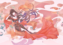 Rule 34 | 1girl, abstract background, absurdres, bare shoulders, black collar, black hair, black kimono, collar, final fantasy, final fantasy xiv, fish, floating hair, full body, goldfish, highres, holding, holding smoking pipe, hyur, japanese clothes, kimono, kiseru, long hair, looking at viewer, naduozi, obi, obijime, off shoulder, open mouth, red trim, sash, smile, smoking pipe, solo, wide sleeves, yellow eyes, yotsuyu goe brutus