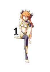 absurdres amondetauro bikini black_bikini blue_eyes cosplay fate_(series) highres invisible_chair ishtar_(fate) ishtar_(fate)_(cosplay) long_hair mismatched_bikini navel neon_genesis_evangelion orange_hair simple_background single_thighhigh sitting smile souryuu_asuka_langley stomach swimsuit thighhighs white_background white_bikini