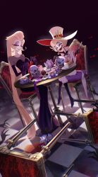 1boy 1girl absurdres blonde_hair blush_stickers commentary couple cup demon_boy demon_girl english_commentary hair_slicked_back hazbin_hotel hetero highres husband_and_wife lilith_(hazbin_hotel) long_hair lucifer_morningstar_(hazbin_hotel) sitting skull srs_o_o teacup very_long_hair