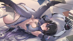 Rule 34 | 1girl, absurdres, armpit cutout, armpits, arms up, ass, black gloves, black hair, blush, bodysuit, book, boots, breasts, cleavage, clothing cutout, commentary, convenient censoring, english commentary, fallen down, glasses, gloves, grey bodysuit, grey boots, hair between eyes, high heel boots, high heels, highres, large breasts, long hair, looking at viewer, low twintails, lying, mole, mole under each eye, mole under eye, multicolored hair, multiple moles, official art, official wallpaper, on back, open mouth, over-rim eyewear, purple eyes, purple hair, round eyewear, semi-rimless eyewear, shadow, sidelocks, snowbreak: containment zone, solo, stomach, streaked hair, sweat, twintails, vidya shannon