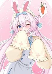 Rule 34 | 1girl, absurdres, animal ears, beret, blue eyes, blue hair, blue necktie, blush, braid, carrot, double bun, hair bun, hat, highres, long hair, long sleeves, mokkupii, multicolored hair, necktie, one eye closed, original, pink hair, rabbit ears, short eyebrows, sleeves past fingers, sleeves past wrists, smile, solo, speech bubble, spoken object, streaked hair, twintails, xanadu avici