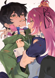 1boy 1girl absurdres ahoge black_hair blood blood_on_clothes blood_on_face camila_(vtuber) claw_mark demon_girl eye_contact facial_mark grabbing_another&#039;s_arm green_eyes green_hoodie hair_between_eyes hair_ornament hand_in_another&#039;s_hair heart heart_facial_mark highres hood hoodie long_hair looking_at_another multicolored_hair open_mouth pink_hair pointy_ears purple_eyes scratches scratching simple_background smile sorenftt strangling streaked_hair tail tail_wrap upper_body vedal987 vedal_ai virtual_youtuber white_background white_hair
