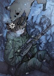 1girl absurdres animal_ears battle_rifle brown_eyes brown_hair camouflage camouflage_pants fox fox_ears fox_girl fox_girl_(yihan_world) fox_tail green_jacket gun hair_between_eyes highres holding holding_gun holding_weapon jacket m14 m21 original pants rifle scope snow tail weapon winter yihan_world