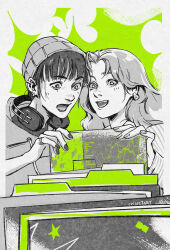 +_+ 2girls :d :o artist_name awestruck beanie choppy_bangs commentary ear_piercing earrings english_commentary hat headphones headphones_around_neck heads_together highres holding hood hoodie jewelry kininatteru_hito_ga_otoko_ja_nakatta koga_mitsuki long_hair mole mole_under_eye multiple_girls nail_polish nirvana_(band) oosawa_aya open_mouth oshetart partially_colored piercing record_jacket ring short_hair smile tomboy upper_body