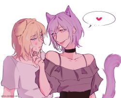 2girls animal_ears bang_dream! bang_dream!_it&#039;s_mygo!!!!! black_choker black_skirt blonde_hair cat_ears cat_girl cat_tail choker commentary dog_ears dog_girl dog_tail dolcereqium english_commentary grey_shirt hand_on_another&#039;s_face heart highres kemonomimi_mode lipstick_mark lipstick_mark_on_face medium_hair misumi_uika mole mole_under_eye multiple_girls off-shoulder_shirt off_shoulder parted_lips purple_eyes purple_hair shirt short_sleeves simple_background skirt smile spoken_heart sweatdrop tail twitter_username upper_body white_background white_shirt yuri yuutenji_nyamu
