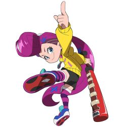 Rule 34 | absurdly long hair, anime coloring, aqua eyes, artist request, asymmetrical hair, berecca (ninjala), black outline, black shorts, closed mouth, foreshortening, hair ornament, hairclip, holding, holding weapon, hood, hood down, hooded jacket, horizontal-striped thighhighs, ippon katana, jacket, long hair, long sleeves, looking at viewer, multicolored shoes, ninjala, official art, outline, pink hair, pink thighhighs, pointing, pompadour, ponytail, puffy long sleeves, puffy sleeves, purple thighhighs, second-party source, shoe soles, shoes, shorts, sidecut, smile, sneakers, thighhighs, undercut, very long hair, weapon, white shoes, x hair ornament, yellow hood, yellow jacket, yellow sleeve cuffs, zipper pull tab