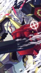 Rule 34 | arm cannon, armor, blue eyes, digimon, digimon (creature), dust, extra arms, glint, highres, horns, humanoid robot, neon trim, omegamon alter-s, ridgeone, robot, shoulder armor, solo, weapon