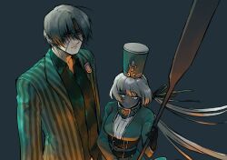 1boy 1girl belt black_belt black_shirt charon_(project_moon) closed_mouth collared_shirt grey_hair grey_hat hat highres holding holding_oar jacket lapels limbus_company long_hair low_twintails oar parted_bangs project_moon red_eyes shako_cap shirt striped_clothes striped_jacket twintails vergilius_(project_moon) very_long_hair white_eyes yatsumeunagi