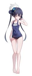 1girl absurdres alternate_costume bare_arms bare_legs bare_shoulders barefoot black_hair blue_archive blue_one-piece_swimsuit braid braided_bun breasts butterfly_hair_ornament closed_mouth commentary double_bun grey_eyes hair_bun hair_ornament highres kisaki_(blue_archive) li_se looking_at_viewer one-piece_swimsuit school_swimsuit small_breasts solo swimsuit twintails