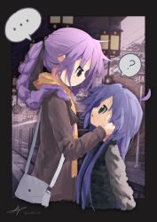 2girls ap04astral bag black_bow black_jacket blue_eyes blue_hair blush bow braid braided_ponytail brown_coat coat green_eyes hands_on_another&#039;s_face highres hiiragi_kagami izumi_konata jacket long_hair lucky_star multiple_girls outside_border purple_hair scarf shoulder_bag train_station yellow_scarf