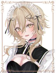 1girl :d alternate_costume black_ribbon blonde_hair blush border breasts cleavage cleavage_cutout clothing_cutout commentary genshin_impact hair_ornament hair_ribbon hairpin highres hotaboshi_yazuki looking_at_viewer lumine_(genshin_impact) maid_headdress medium_breasts neck_ribbon open_mouth ribbon sidelocks simple_background smile solo white_background x_hair_ornament yaduki100 yellow_border yellow_eyes