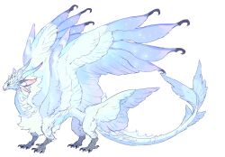 animal_ears beak black_claws blue_eyes blue_horns claws dragon dragon_horns feathered_dragon feathered_wings feathers fluffy from_side full_body highres horns mane monster monster_focus multiple_views original shina_ppp simple_background tail talons western_dragon white_background white_feathers wings