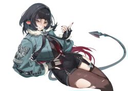 Rule 34 | 1girl, black gloves, black pantyhose, black shorts, blunt bangs, cowboy shot, fingernails, fur-trimmed jacket, fur trim, gloves, green eyes, green hair, green jacket, hand on own hip, jacket, jane doe (zenless zone zero), looking at viewer, mayutsuba mono, multicolored hair, nail polish, pantyhose, red hair, red nails, shorts, sidelocks, sitting, smile, solo, tail, thighs, torn clothes, torn pantyhose, two-tone hair, white background, zenless zone zero