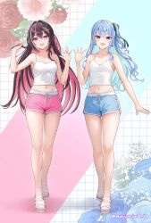 2girls :d absurdres alternate_costume azki_(hololive) bare_arms bare_legs black_hair blue_eyes blue_hair blue_nails bow bow_earrings breasts camisole cleavage collarbone colored_inner_hair crop_top dolphin_shorts double-parted_bangs drawstring duplicate earrings feet full_body hair_between_eyes hair_intakes hair_ornament hair_ribbon hairclip hand_up hands_up highres holding holding_own_hair hololive hoshimachi_suisei jewelry knees legs long_hair looking_at_viewer loungewear medium_breasts midriff mole mole_under_eye multicolored_hair multiple_girls nail_polish navel one_side_up open_hand open_mouth pink_hair pink_nails pink_shorts purple_eyes ribbon sandals short_shorts shorts sidelocks small_breasts smile star_(symbol) star_in_eye stomach streaked_hair symbol_in_eye thighs toenail_polish toenails toes very_long_hair virtual_youtuber wajuniorbox waving wavy_hair white_camisole white_hair