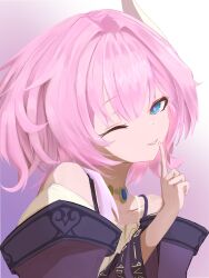 1girl ;) bare_shoulders blue_eyes coat commentary cyrene_(honkai:_star_rail) finger_to_mouth hair_ornament highres honkai:_star_rail honkai_(series) jewelry multicolored_hair necklace one_eye_closed pink_hair purple_coat qzkusu short_hair shushing smile solo symbol-only_commentary two-tone_hair upper_body white_hair