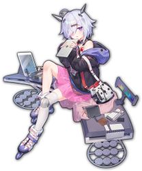 1girl artist_request black_jacket charm_(object) drone game_cg hair_ornament hair_over_one_eye holding holding_tablet_pc hood hood_down inline_skates jacket knee_pads looking_at_viewer mahjong mahjong_soul mahjong_tile notebook notepad official_art pink_skirt purple_eyes quadcopter roller_skates simple_background sitting skates skirt solo suzumiya_anju tablet_pc third-party_source transparent_background unmanned_aerial_vehicle white_hair yostar