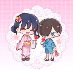 Rule 34 | 1boy, 1girl, ^ ^, asymmetrical bangs, back bow, bag, blue eyes, blue hair, blue kimono, blue shorts, blue sleeves, boku no kokoro no yabai yatsu, bow, brown hair, brown sandals, candy apple, chibi, chinese commentary, closed eyes, closed mouth, commentary request, detached sleeves, dot nose, floral print, flower, food, gradient background, grid background, hair bun, hair flower, hair ornament, hair over one eye, height difference, highres, holding, holding bag, holding food, ichikawa kyoutarou, japanese clothes, jinbei (clothes), kimono, lace, light blush, long sleeves, looking at another, no socks, obi, open mouth, orange bow, orange sash, pink background, pink flower, pink kimono, plaid clothes, plaid kimono, plaid shorts, plaid sleeves, qianwa shi biao, sandals, sash, short hair, shorts, single hair bun, single sidelock, smile, socks, standing, star (symbol), summer, tabi, two-tone sash, updo, wavy hair, white socks, yamada anna, yellow flower, yellow sash, yukata, zouri