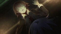 1boy 1girl asphyxiation black_jacket blazer blood blood_on_hands breasts chaos;child choke_hold cropped_jacket dim_lighting drooling dutch_angle fingernails from_above game_cg hand_on_another&#039;s_neck hands_on_another&#039;s_neck hekiho_academy_school_uniform highres jacket long_sleeves medium_breasts miyashiro_takuru neck_grab non-web_source official_art onoe_serika open_mouth pink_hair sailor_collar sailor_shirt saliva sasaki_mutsumi shirt short_hair_with_long_locks strangling submission_hold tongue white_sailor_collar wrestling