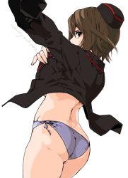 Rule 34 | 10s, 1girl, ass, back, blush, brown eyes, brown hair, butt crack, cowboy shot, female focus, garrison cap, german text, girls und panzer, groin, hat, kuromorimine military uniform, kuruwa (artist), matching hair/eyes, military, military uniform, nishizumi maho, panties, purple panties, simple background, solo, standing, underwear, white background