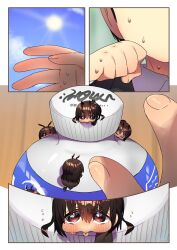 1boy ant_girl arthropod_girl blue_sky bob_cut_ant_girl_(harumina_mau) bottle bottle_cap harumina_mau highres hot licking main_ant_girl_(harumina_mau) ponytail_ant_girl_(harumina_mau) sky sports_drink sun sweat tongue tongue_out