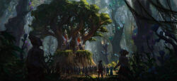 1boy 1girl fairy fairy_wings forest grass landscape leaf multiple_boys multiple_girls mushroom nature original painterly pants people piotrdura plant scenery sitting_on_throne standing sunlight throne tree vines wings