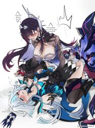 2girls absurdres black_hair black_thighhighs blue_dress blue_eyes blue_hair cerydra_(honkai:_star_rail) choikfu closed_eyes clothed_sex commentary crown crying dress earrings english_text gloves hair_intakes highres honkai:_star_rail honkai_(series) hysilens_(honkai:_star_rail) jewelry long_hair long_sleeves mini_crown multicolored_hair multiple_girls nipples saliva symbol-only_commentary thighhighs very_long_hair white_hair
