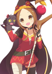 Rule 34 | 10s, 1boy, 1girl, :d, absurdres, alternate costume, anger vein, animalization, belt, blush, brown hair, cape, choker, chomusuke, collarbone, colored sclera, commentary request, cosplay, dress, highres, karakai jouzu no takagi-san, kono subarashii sekai ni shukufuku wo!, koudai-allforone-oneforall-1, long hair, megumin, megumin (cosplay), nishikata, open mouth, parted bangs, simple background, single thighhigh, smile, staff, takagi-san, thighhighs, voice actor connection, white background, yellow sclera