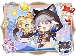 1girl ;o aglaea_(honkai:_star_rail) animal animal_ear_fluff animal_ears animal_hood animalization blue_eyes brown_dress castorice_(honkai:_star_rail) cat_ears cat_hood cat_tail chibi chibi_only chimera_(honkai:_star_rail) chinese_commentary cipher_(honkai:_star_rail) coin commentary_request copyright_name dress fang gold_coin gold_shoes grey_hair highres holding holding_animal honkai:_star_rail honkai_(series) hood official_art one_eye_closed open_mouth shoes short_hair_with_long_locks tail tribbie_(honkai:_star_rail)