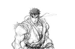 1boy dougi furrowed_brow game_cg greyscale headband highres light_frown looking_at_viewer male_focus martial_arts_belt monochrome muscular muscular_male nishimura_kinu non-web_source official_art ryu_(street_fighter) solo street_fighter street_fighter_ii_(series) torn_clothes torn_sleeves v-shaped_eyebrows