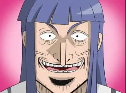 1boy :d akagi akagi:_yami_ni_oritatta_tensai blunt_bangs crossover fukumoto_mahjong furude_rika gradient_background higurashi_no_naku_koro_ni looking_at_viewer male_focus manly open_mouth parody pink_background sidelocks simple_background smile solo teeth washizu_iwao wide-eyed wrinkled_skin