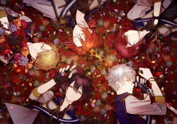 Rule 34 | 5boys, black gloves, black hair, black shirt, blonde hair, blue eyes, blue flower, blue rose, closed eyes, closed mouth, commentary, crown, english commentary, ensemble stars!, epaulettes, fingerless gloves, flower, gloves, hair between eyes, jacket, knights (ensemble stars!), male focus, matsunaka hiro, multiple boys, multiple views, narukami arashi, orange hair, red eyes, red flower, rose, sakuma ritsu, sena izumi (ensemble stars!), shirt, short hair, sleeves rolled up, smile, suou tsukasa, too many flowers, tsukinaga leo, white jacket, yellow flower, yellow rose