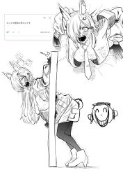 1boy 1girl anger_vein animal_ears armband blue_archive blush breasts dog_ears doodle_sensei_(blue_archive) ear_blush face_in_ass hair_over_one_eye hakai_(fgzr2275) halo highres kanna_(blue_archive) large_breasts long_hair monochrome necktie pantyhose request_inset sensei_(blue_archive) sharp_teeth stuck teeth through_wall