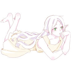 1girl absurdres bare_arms bare_shoulders barefoot brown_dress closed_mouth collarbone crossed_ankles dress elf feet_up frieren full_body green_eyes hand_to_own_mouth hand_up highres legs_up long_hair lying on_stomach parted_bangs petite pleated_dress pointy_ears seila_rei short_eyebrows simple_background sleeveless sleeveless_dress solo sousou_no_frieren the_pose thick_eyebrows toes very_long_hair white_background white_hair