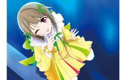 1girl absurdres artbook asymmetrical_hair bob_cut bow dress green_bow grey_hair hair_bow highres long_sleeves looking_at_viewer love_live! love_live!_nijigasaki_high_school_idol_club mutekikyuu_believer nakasu_kasumi non-web_source official_art one_eye_closed pink_eyes pleated_dress ribbon short_hair solo tongue tongue_out yellow_dress