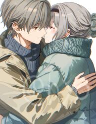 1boy 1girl aqua_coat black_hairband brown_coat caelus_(honkai:_star_rail) closed_eyes coat firefly_(honkai:_star_rail) grey_hair grey_sweater hair_between_eyes hairband honkai:_star_rail honkai_(series) hug hyohls2_(hamao3o) imminent_kiss ribbed_sweater short_hair smile sweater trailblazer_(honkai:_star_rail) upper_body winter_clothes winter_coat yellow_eyes