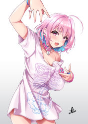 1girl ahoge bangle blue_hair blush bracelet breasts collar collarbone cowboy_shot earrings fang female_focus fingernails gradient_background grey_background hair_intakes highres idolmaster idolmaster_cinderella_girls jewelry large_breasts looking_at_viewer multicolored_hair nail_polish no_bra no_pants off_shoulder open_mouth pill pill_earrings pill_ring pink_collar pink_eyes pink_hair pink_nails ring short_hair short_sleeves simple_background single_bare_shoulder skeleton_print solo sweat textless_version two-tone_hair yoohi yumemi_riamu