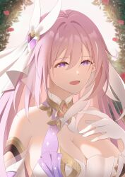 1girl :d absurdres artist_name breasts commentary devi_hendita dress elf elysia_(honkai_impact) elysia_(miss_pink_elf)_(honkai_impact) english_commentary flower gloves half-closed_eyes highres honkai_(series) honkai_impact_3rd large_breasts long_hair open_mouth pink_eyes pink_flower pink_hair pink_rose pointy_ears rose smile solo veil very_long_hair white_background white_dress white_gloves