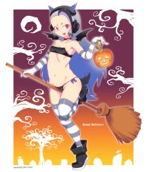 10s 1girl bat_wings bikini black_bikini black_footwear black_hair blush breasts broom broom_riding choker elbow_gloves fake_horns female_focus forehead full_body giant_penguin_(kemono_friends) gloves grave grey_hair halloween happy_halloween headphones horns jack-o&#039;-lantern kemono_friends long_hair looking_at_viewer micro_bikini mudou_eichi multicolored_hair navel open_mouth red_eyes side-tie_bikini_bottom skull small_breasts smile solo striped_clothes striped_gloves striped_thighhighs swimsuit tail thighhighs very_long_hair wings