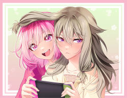 2girls blunt_bangs blush bob_cut border clip_studio_paint_(medium) collarbone commentary english_commentary floral_background gradient_background grey_hair hair_over_another handheld_game_console highres holding holding_handheld_game_console kusanagi_nene light_frown long_hair long_sidelocks looking_to_the_side lycoristyx multiple_girls nintendo_switch ootori_emu pink_border pink_eyes pink_hair project_sekai purple_eyes short_hair sidelocks smile
