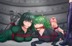 3girls absurdres bdsm bondage bound breasts dress fubuki_(one-punch_man) gag green_dress green_eyes green_hair highres kaijin_hime_do-s multiple_girls no_shoes one-punch_man peril restrained shibari short_hair soles tatsumaki yuehei_dao