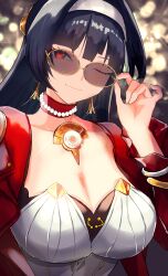 1girl absurdres adjusting_eyewear astra_yao black_hair blurry blurry_background bokeh breasts cleavage closed_mouth commentary depth_of_field detached_collar dress earrings glint hair_intakes hairband highres jacket jewelry large_breasts long_hair looking_at_viewer necklace one_eye_closed pearl_necklace red_eyes red_jacket smile solo tinted_eyewear uneven_bangs upper_body white_dress white_hairband yellow-framed_eyewear yuu_(primenumber7) zenless_zone_zero