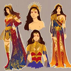 1girl armlet armor boots brown_hair closed_eyes commentary dc_comics earrings english_commentary grey_background hand_on_own_hip hannahartwork highres jewelry long_hair looking_at_viewer multiple_views pelvic_curtain red_eyes red_footwear simple_background skirt wonder_woman